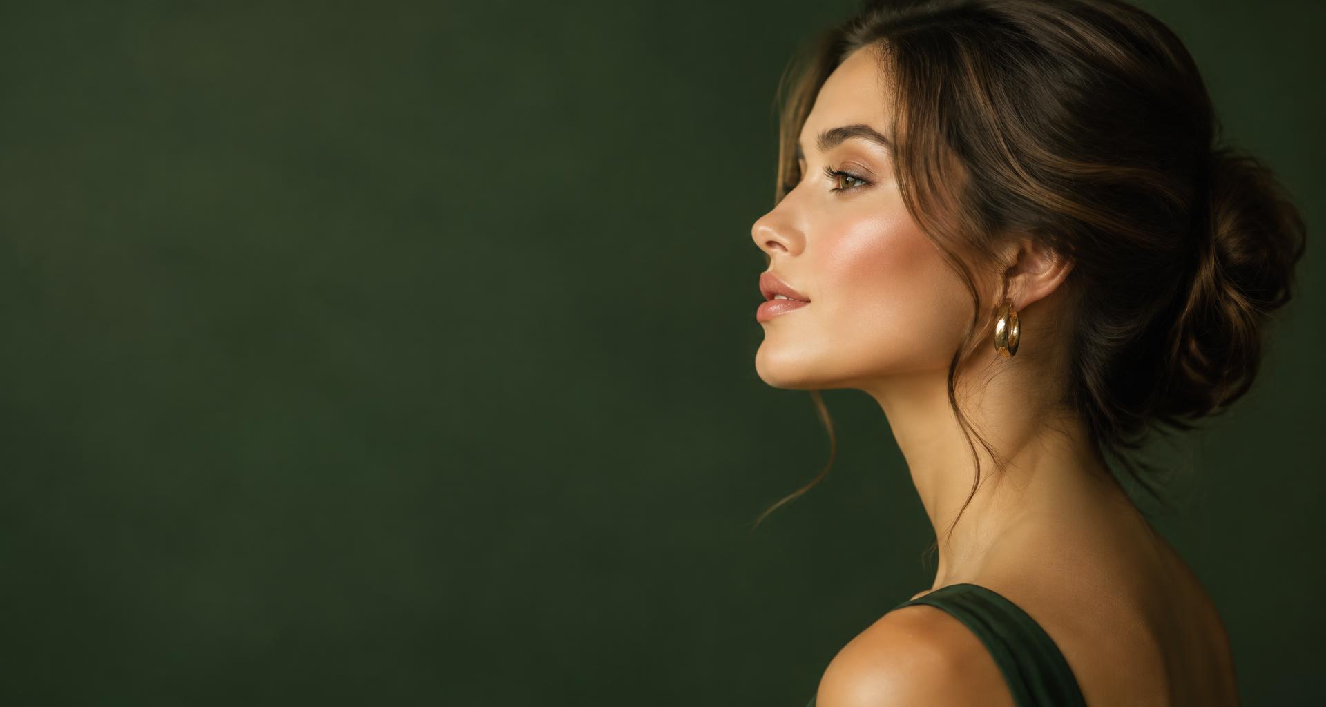 Profil einer Frau mit eleganter Hochsteckfrisur und natürlichem Make-up
