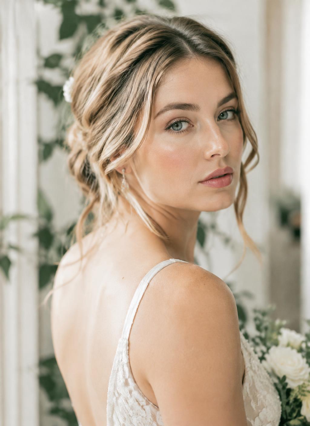 Braut mit natürlichem Make-up und lockerer Hochsteckfrisur